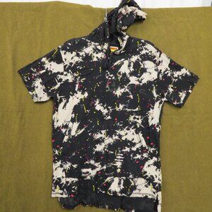 Men's Rolling Paper Hooded Short Sleeve Pullover Shirt Cotton Black Splatter XL